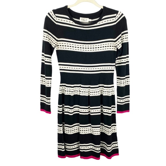 Eliza J Womens Striped Knit Fit and Flare Sweater Dress Black White Size XS - Picture 2 of 7